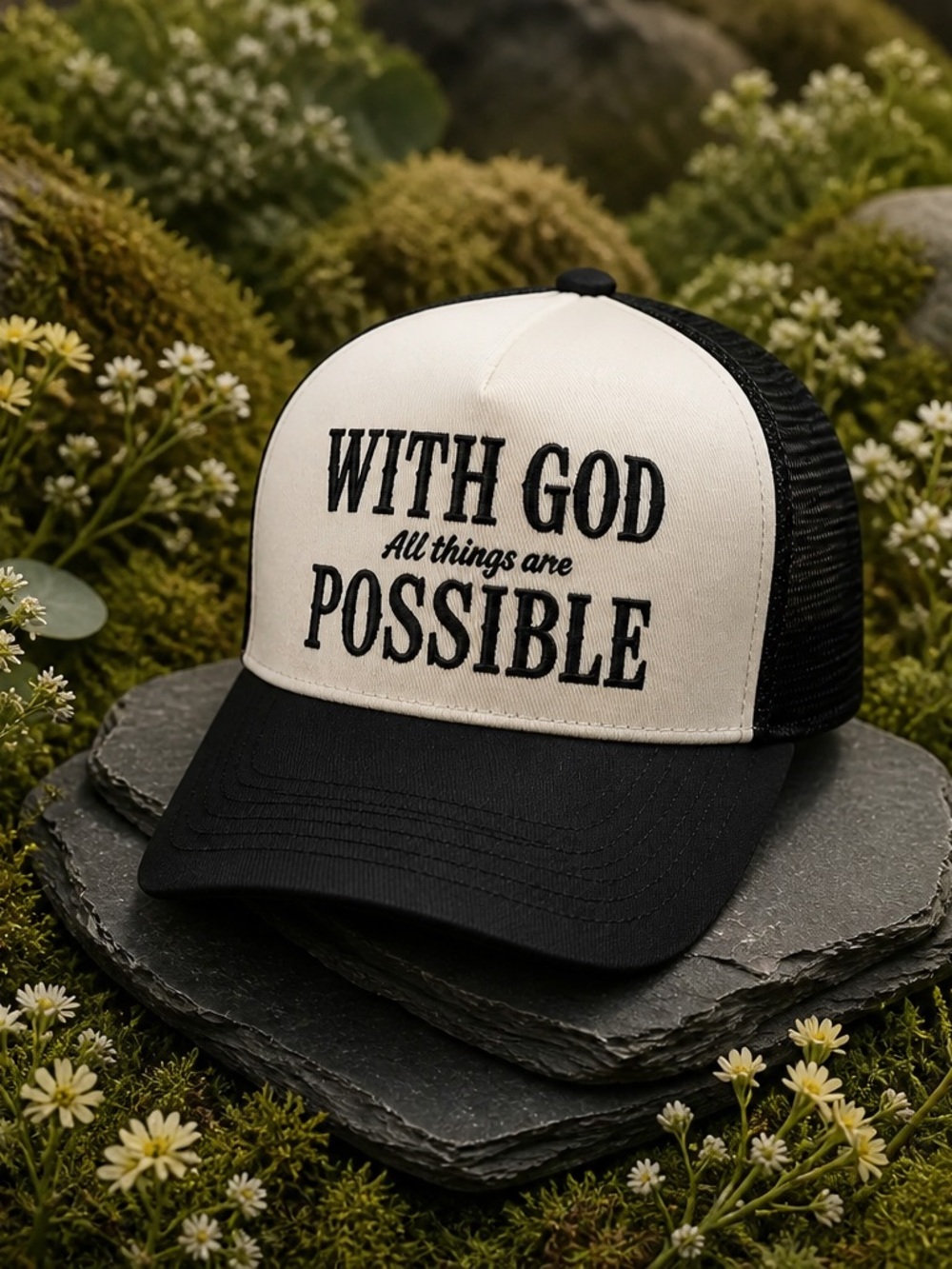 NWT Women’s Trucker Hat Cream and Black Embroidered With God All Things Possible - Picture 2 of 5